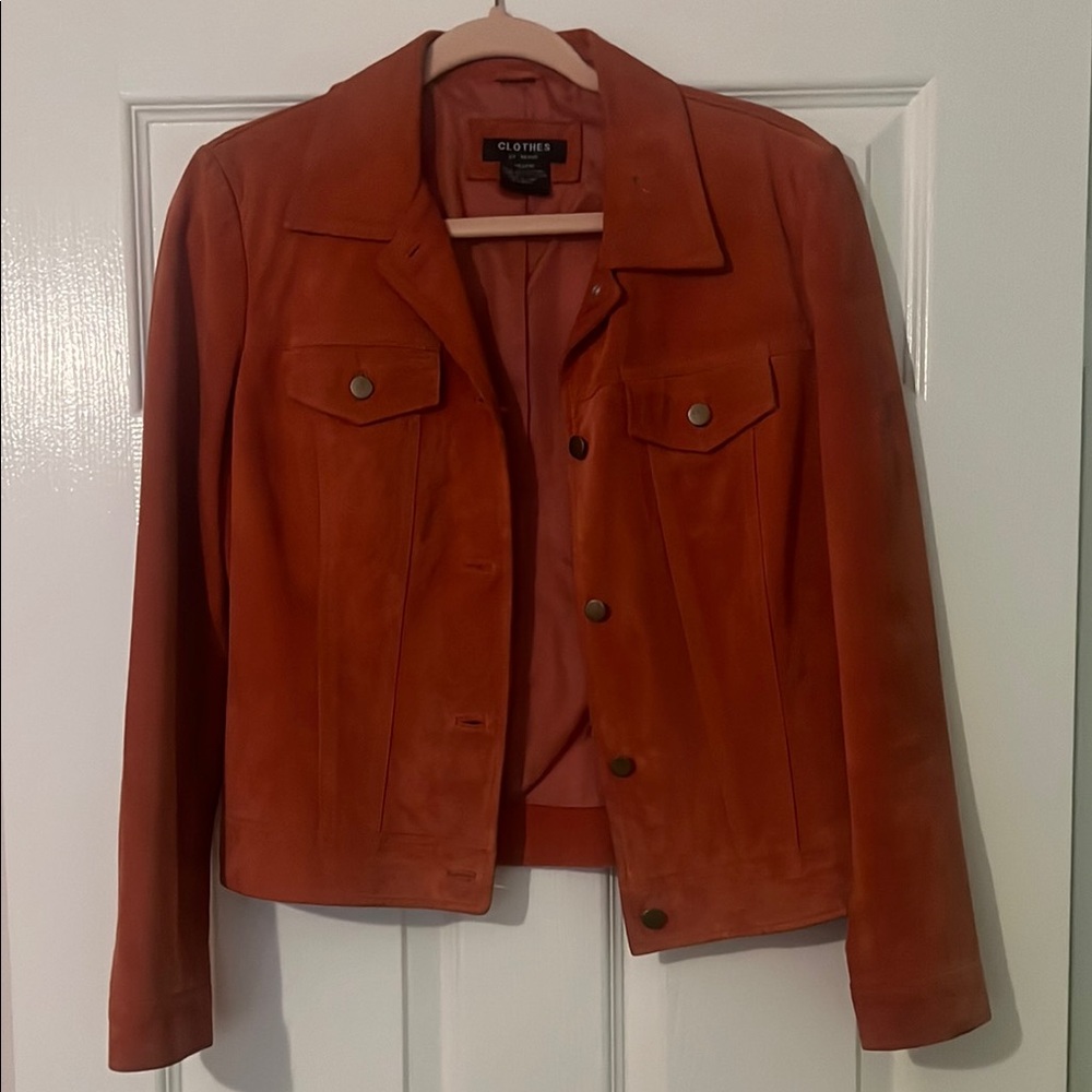 Terracotta Leather Jacket with Classic Collar and Cropped Style